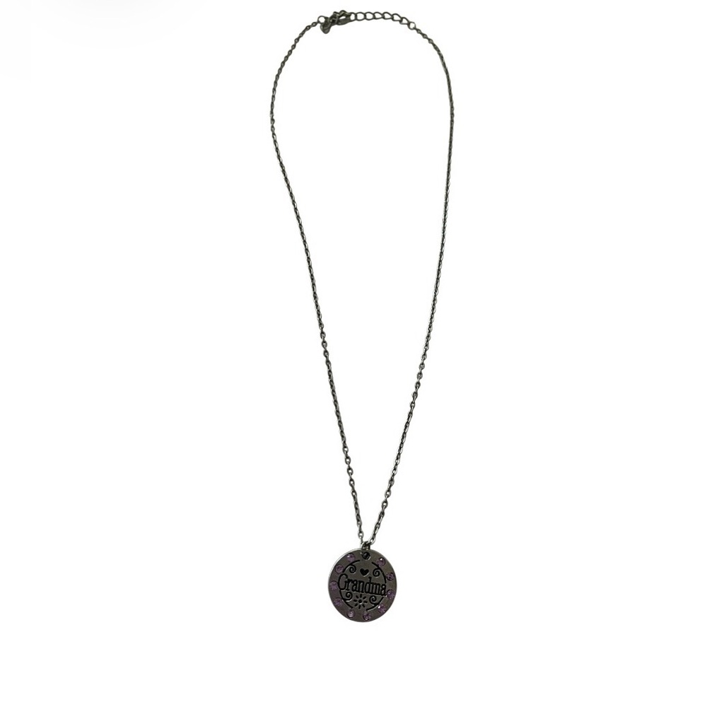 Grandma Pendant Necklace with Purple Stones Silver tone. Pre owned